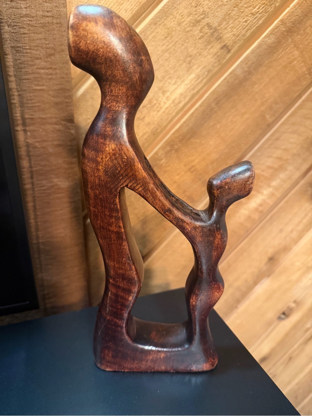 Hand-Carved Wooden Abstract Family Sculpture - Brown